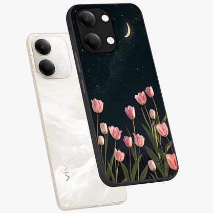 Midnight Tulip Whispers Vibe Glass Case displayed in angled mockup highlighting delicate tulip design with midnight floral aesthetic.