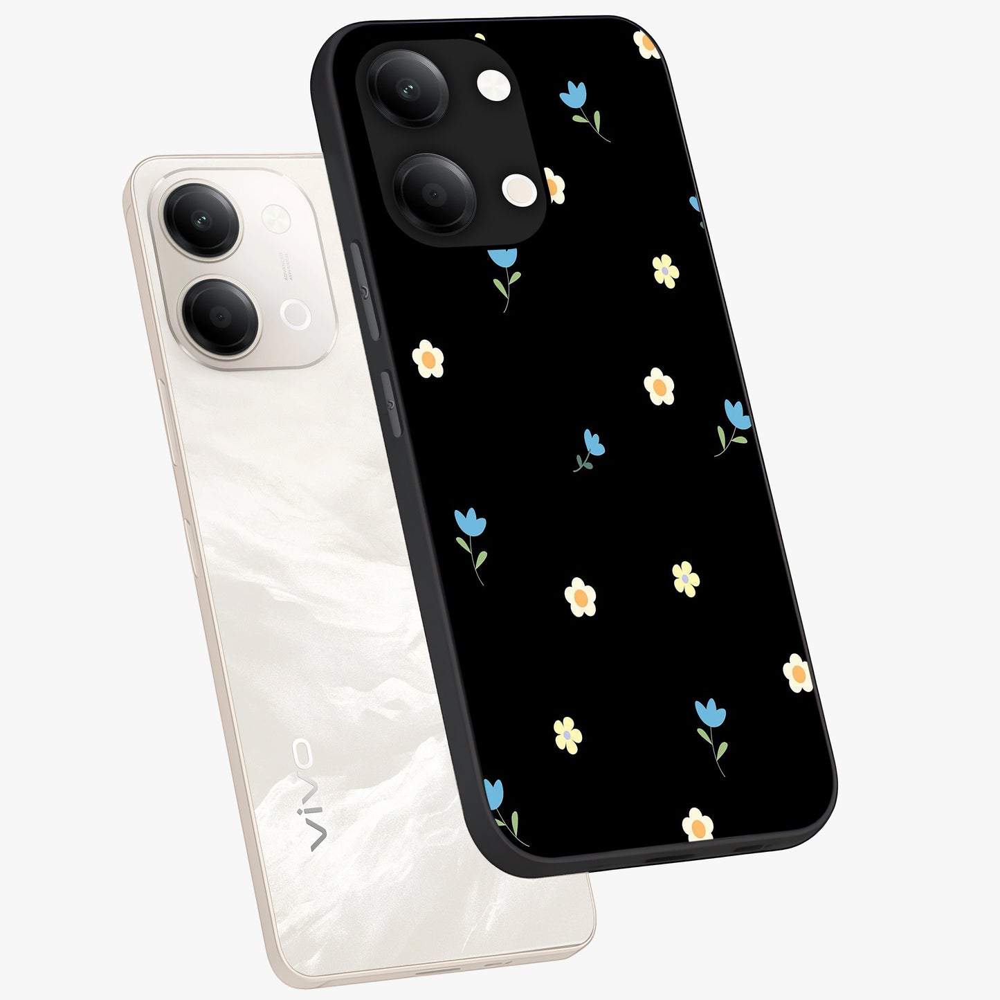 Minimal Petal Whispers Glass Case displayed in angled mockup highlighting delicate petal design with clean minimal aesthetic.