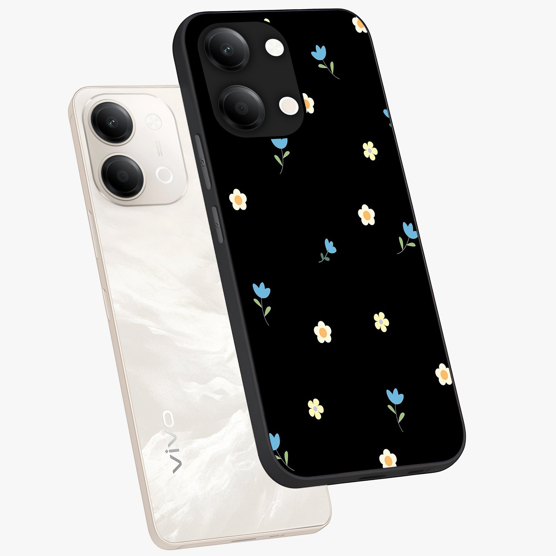 Minimal Petal Whispers Glass Case displayed in angled mockup highlighting delicate petal design with clean minimal aesthetic.