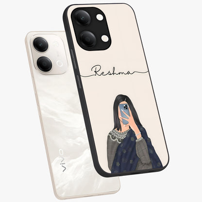 Mirror Mood Muse With Custom Name Glass Case displayed in angled mockup highlighting aesthetic mirror inspired design with custom name feature.