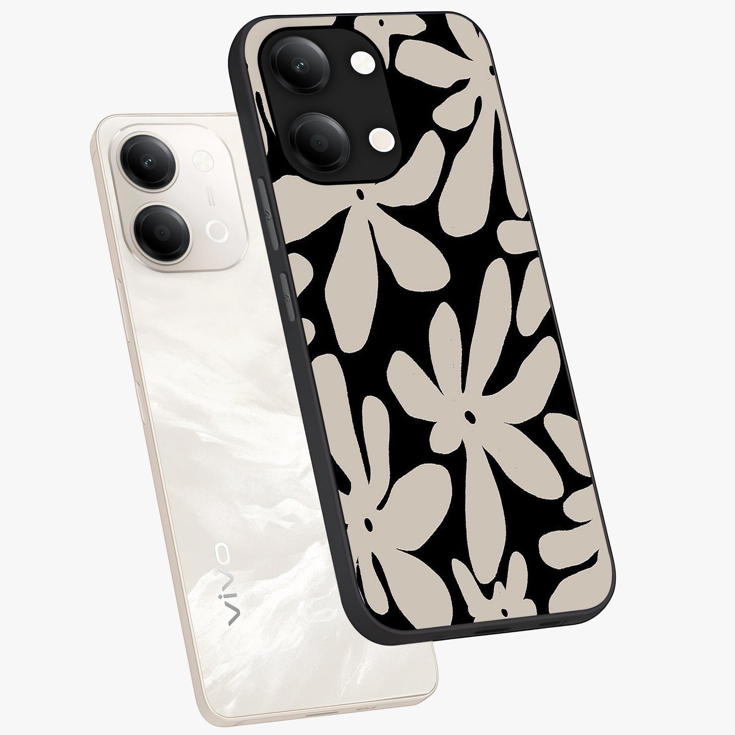 Monochrome Petal Dance Glass Case displayed in angled mockup highlighting elegant petal design with black and white aesthetic.