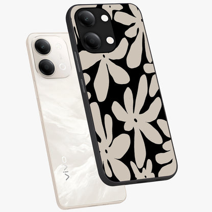 Monochrome Petal Dance Glass Case displayed in angled mockup highlighting elegant petal design with black and white aesthetic.
