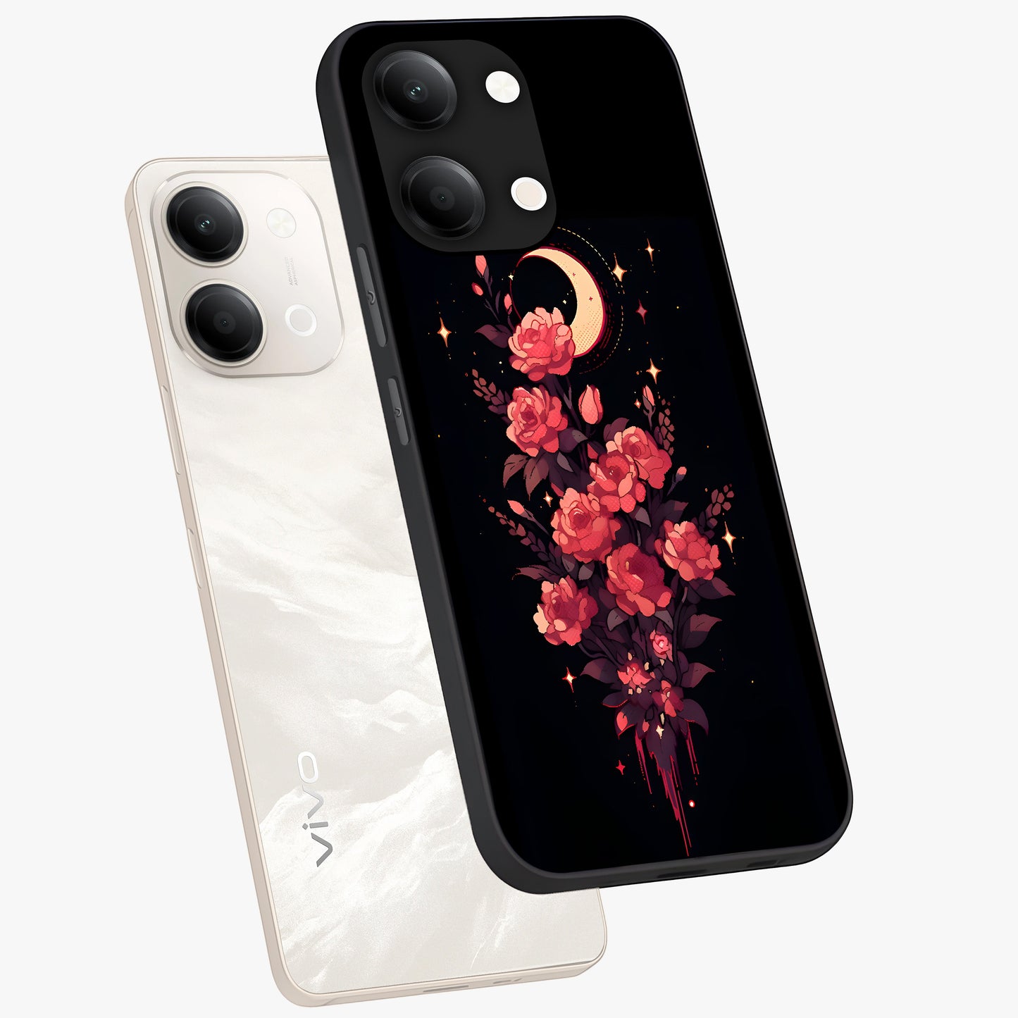 Moonlit Floral Elegance Glass Case displayed in angled mockup highlighting graceful flower design with soft moonlight aesthetic.