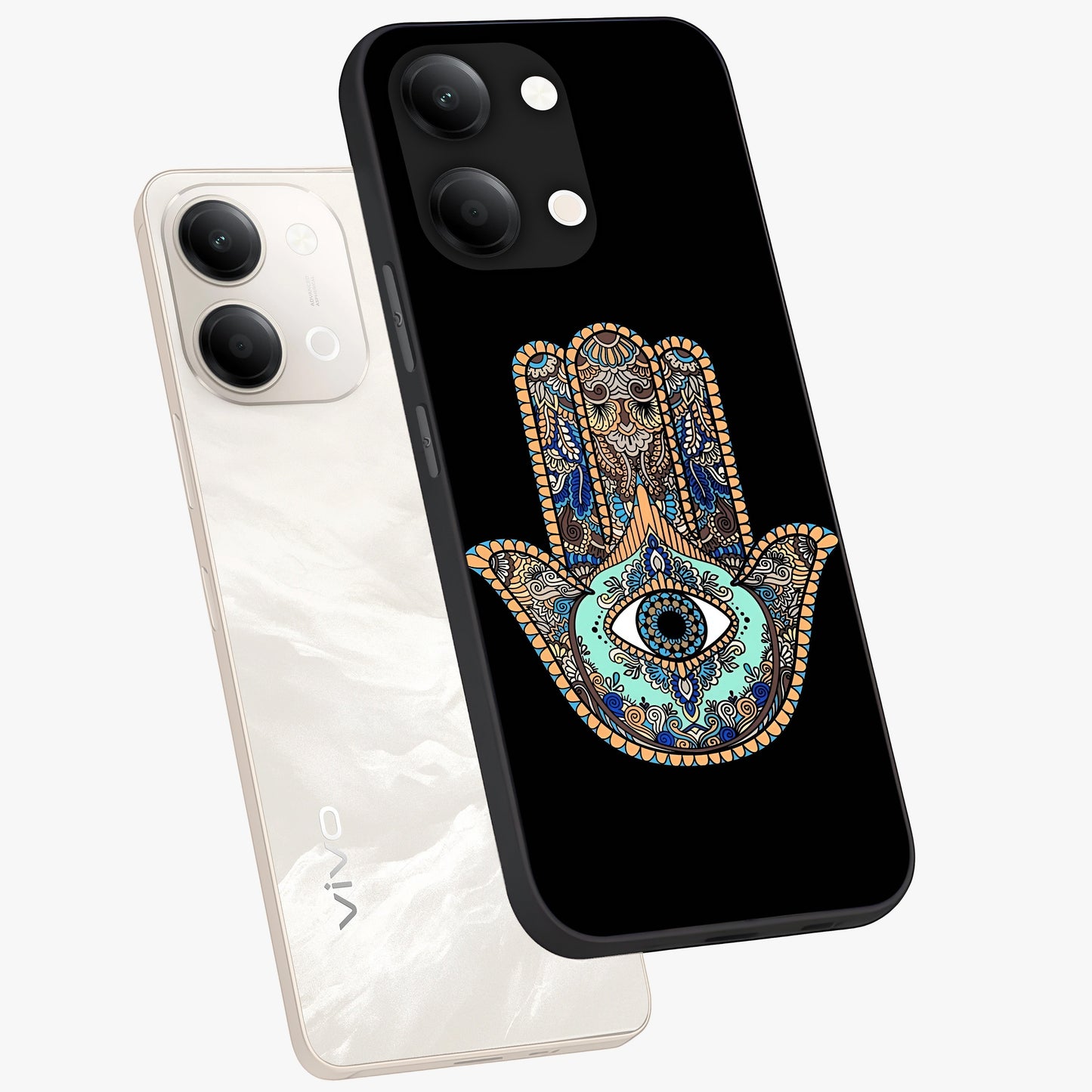 Mystic Hamsa Eye Glass Case displayed in angled mockup highlighting spiritual hamsa symbol with mystical aesthetic style.