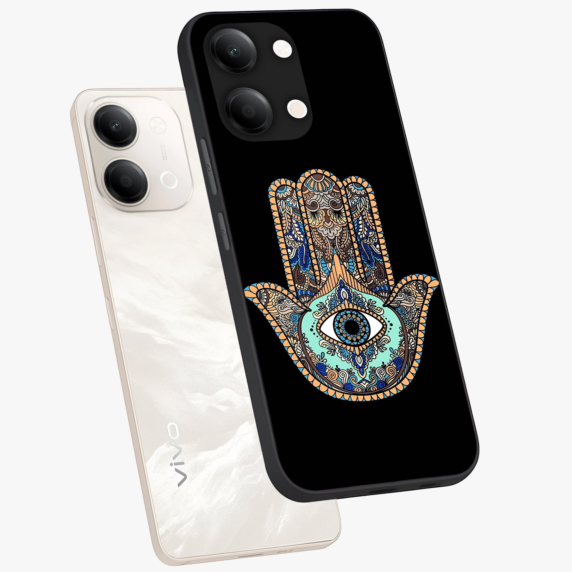 Mystic Hamsa Eye Glass Case displayed in angled mockup highlighting spiritual hamsa symbol with mystical aesthetic style.