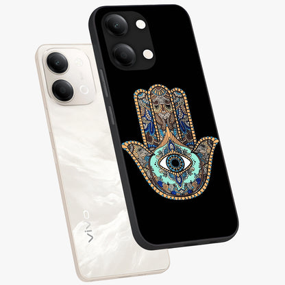 Mystic Hamsa Eye Glass Case displayed in angled mockup highlighting spiritual hamsa symbol with mystical aesthetic style.