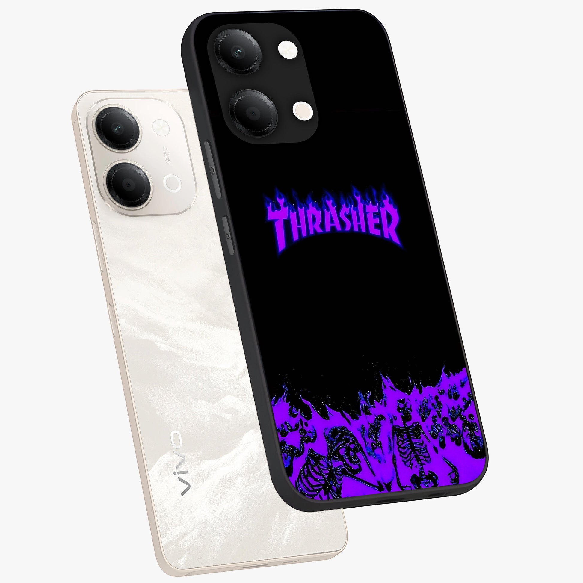 Neon Flame Riot Glass Case displayed in angled mockup highlighting glowing flame design with vibrant neon aesthetic.