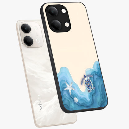 Ocean Drift Turtle Glass Case displayed in angled mockup highlighting peaceful ocean turtle illustration with marine aesthetic.