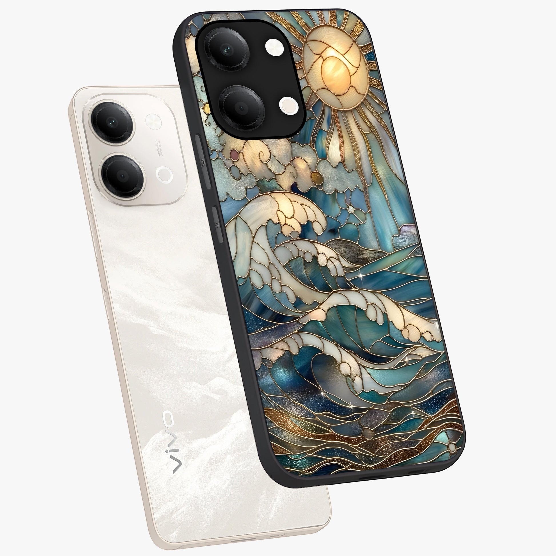 Oceanic Stained Printed Glass Case displayed in angled mockup highlighting colorful aquatic design with artistic aesthetic style.
