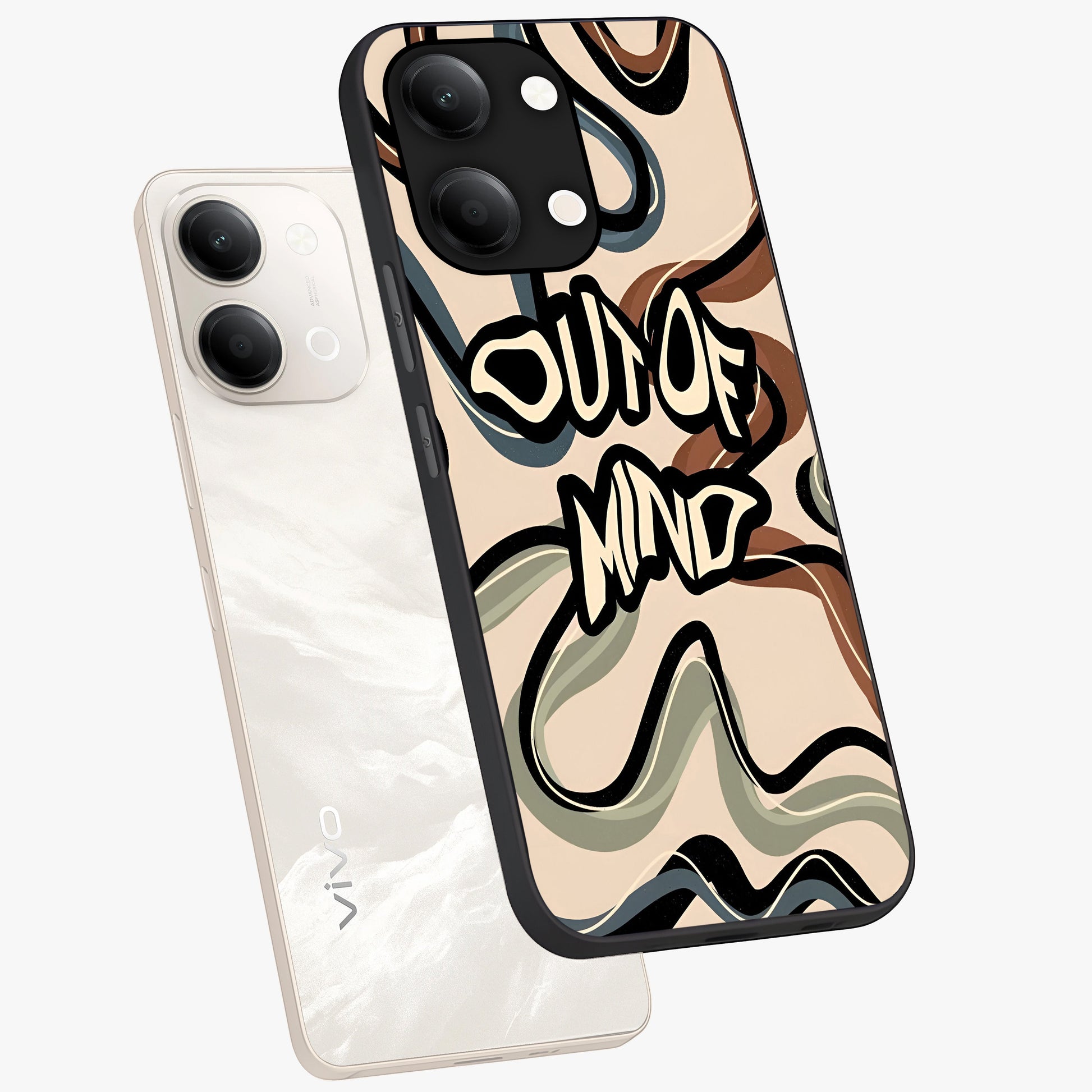 Out Of Mind Glass Case displayed in angled mockup highlighting bold statement design with modern artistic aesthetic.