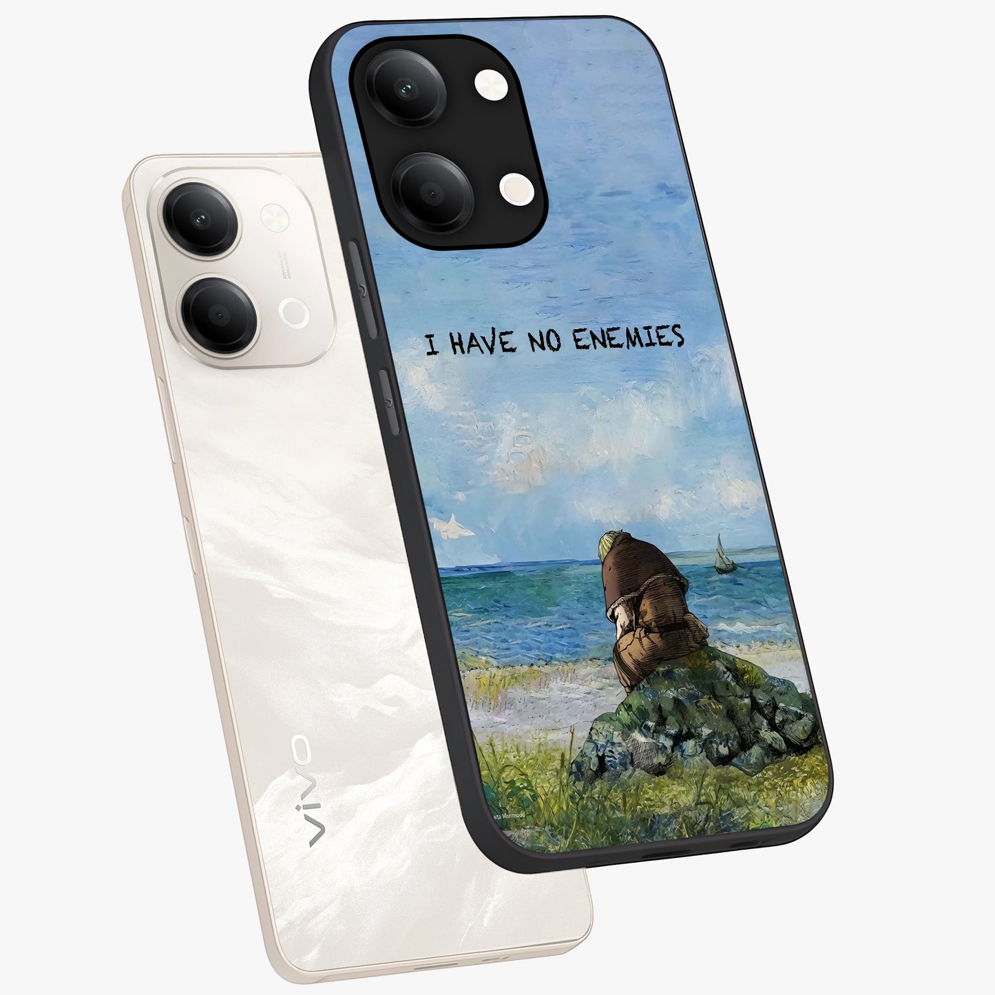 Peace Beyond War Glass Case displayed in angled mockup highlighting meaningful message design with artistic aesthetic style.