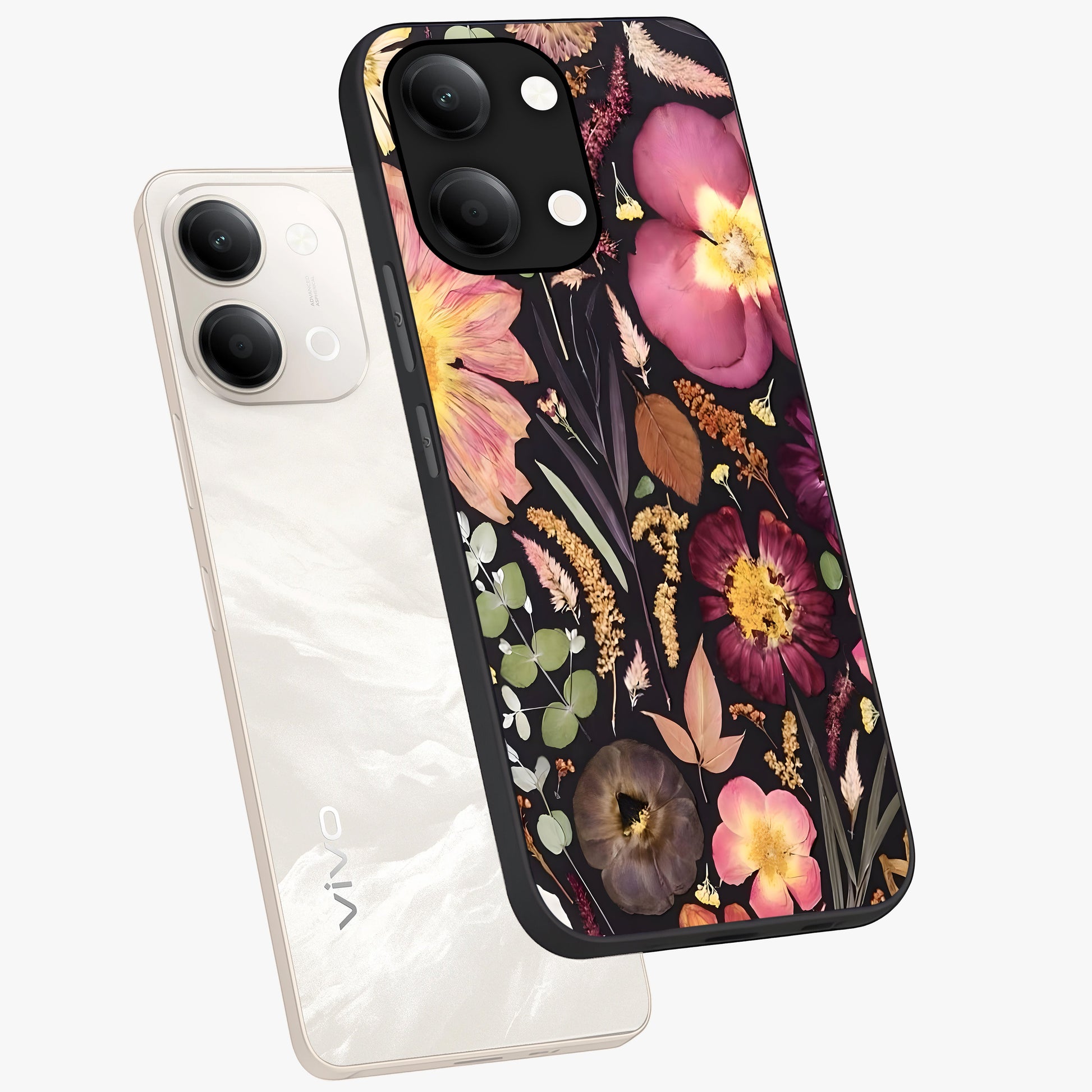 Petal Dream Tapestry Glass Case displayed in angled mockup highlighting decorative petal pattern with elegant botanical aesthetic.