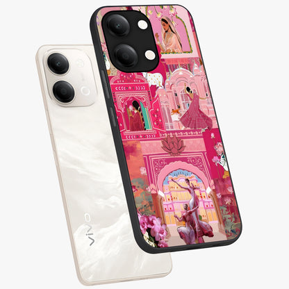 Pink Palace Muse Glass Case displayed in angled mockup highlighting dreamy palace illustration with soft pink aesthetic.