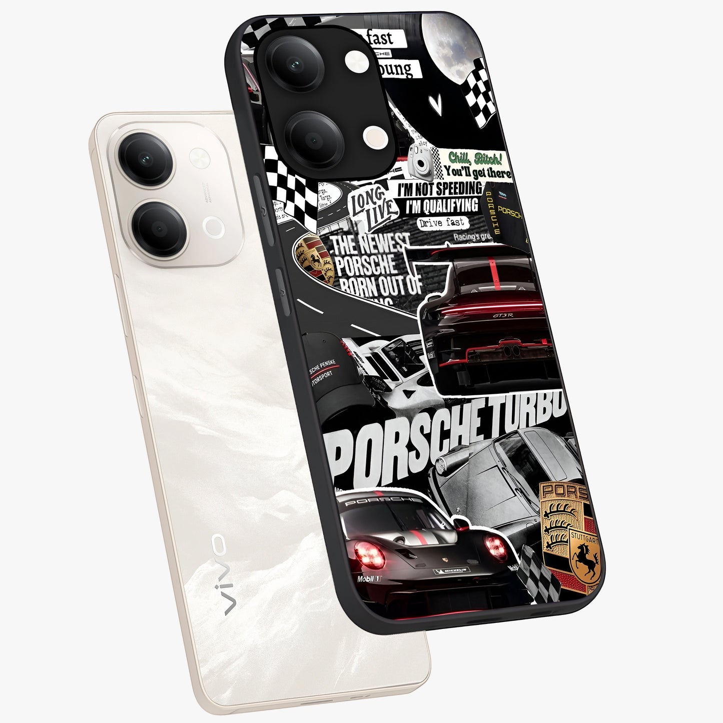 Porsche Racing Collage Glass Case displayed in angled mockup highlighting dynamic automotive design with bold racing aesthetic.
