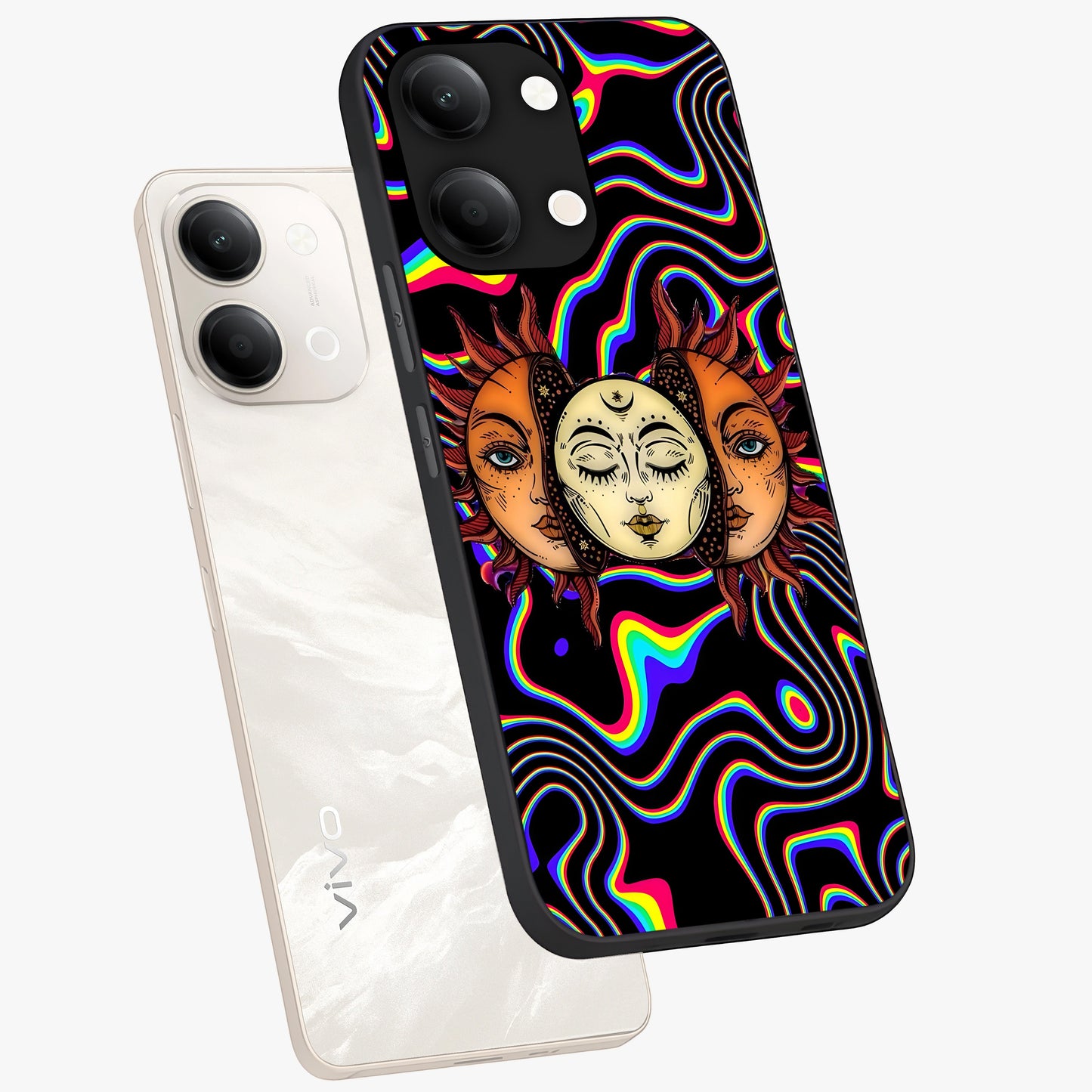 Psychedelic Sun Glass Case displayed in angled mockup highlighting vibrant abstract sun design with artistic aesthetic style.