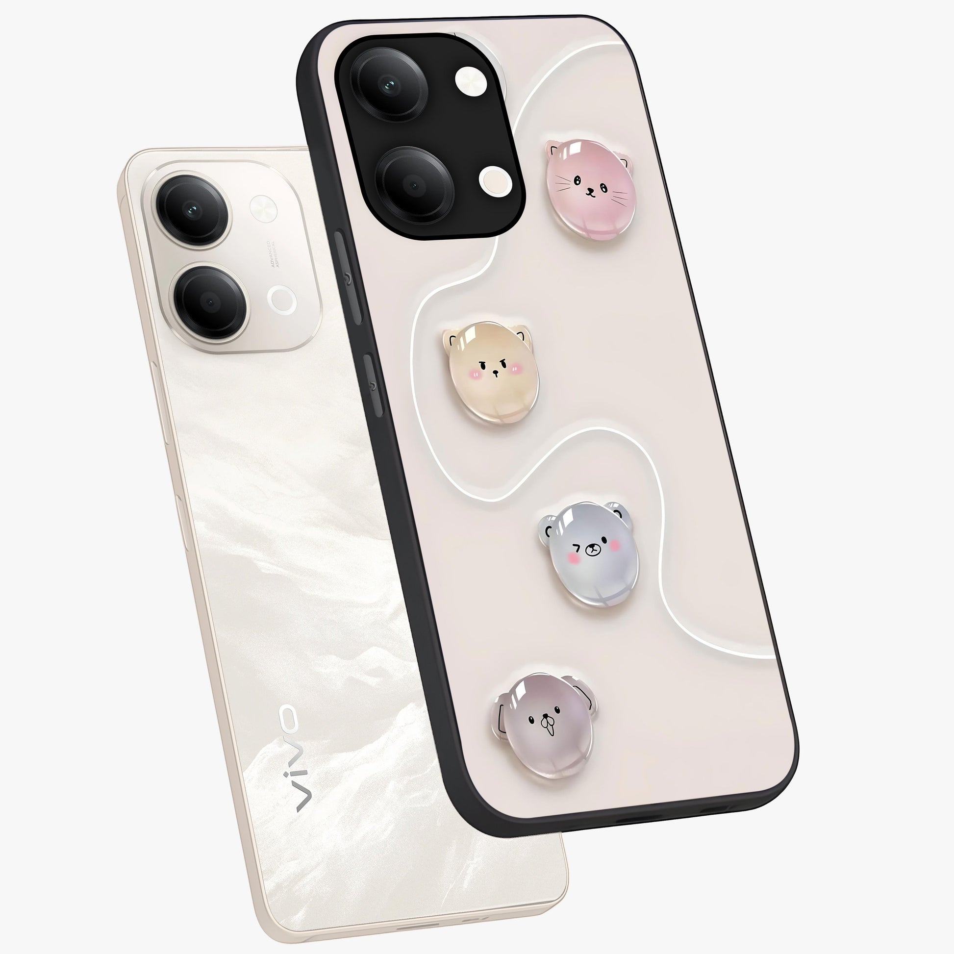 Puffy Face Parade Glass Case displayed in angled mockup highlighting playful cartoon face design with fun aesthetic.