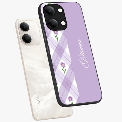 Purple Diamond Floral Glass Case displayed in angled mockup highlighting elegant purple flower design with decorative pattern.