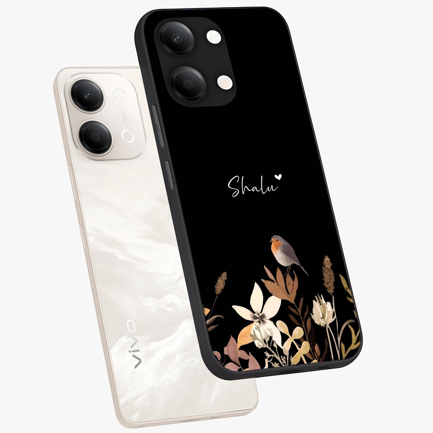 Quiet Garden Tune Custom Name Glass Case displayed in angled mockup highlighting delicate floral garden design with custom name feature.