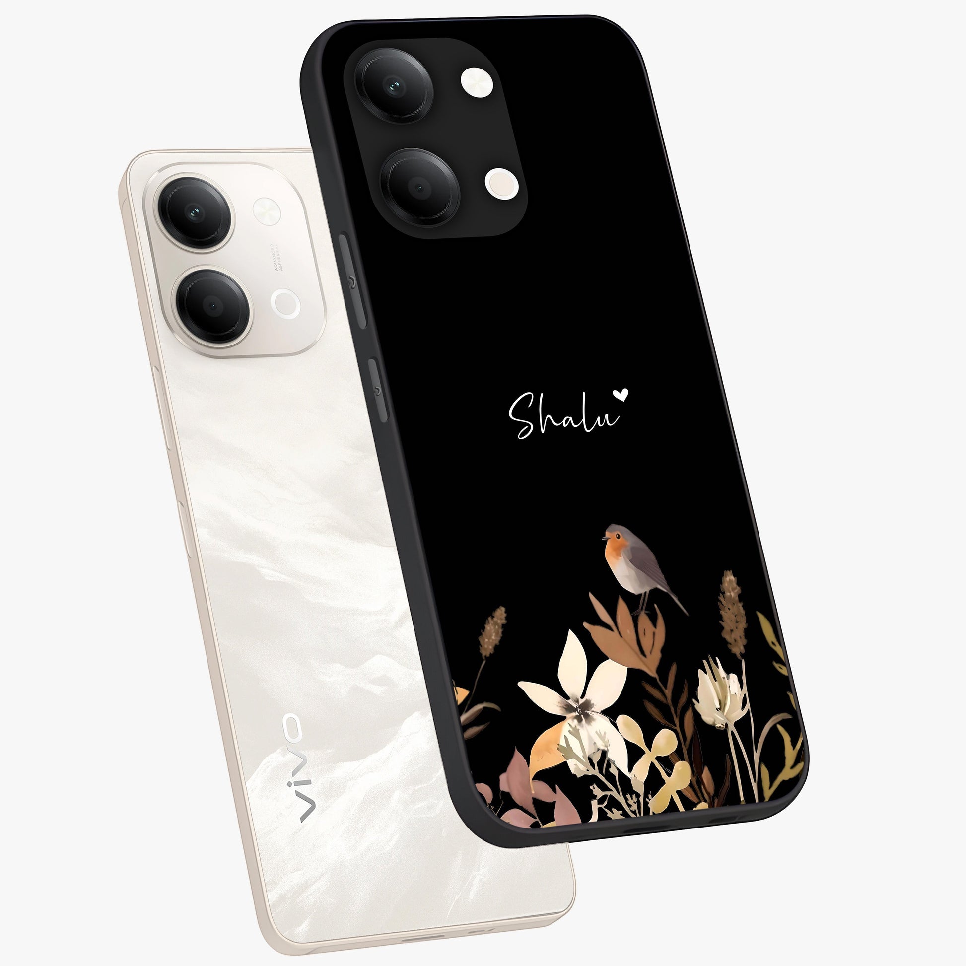 Quiet Garden Tune Custom Name Glass Case displayed in angled mockup highlighting delicate floral garden design with custom name feature.