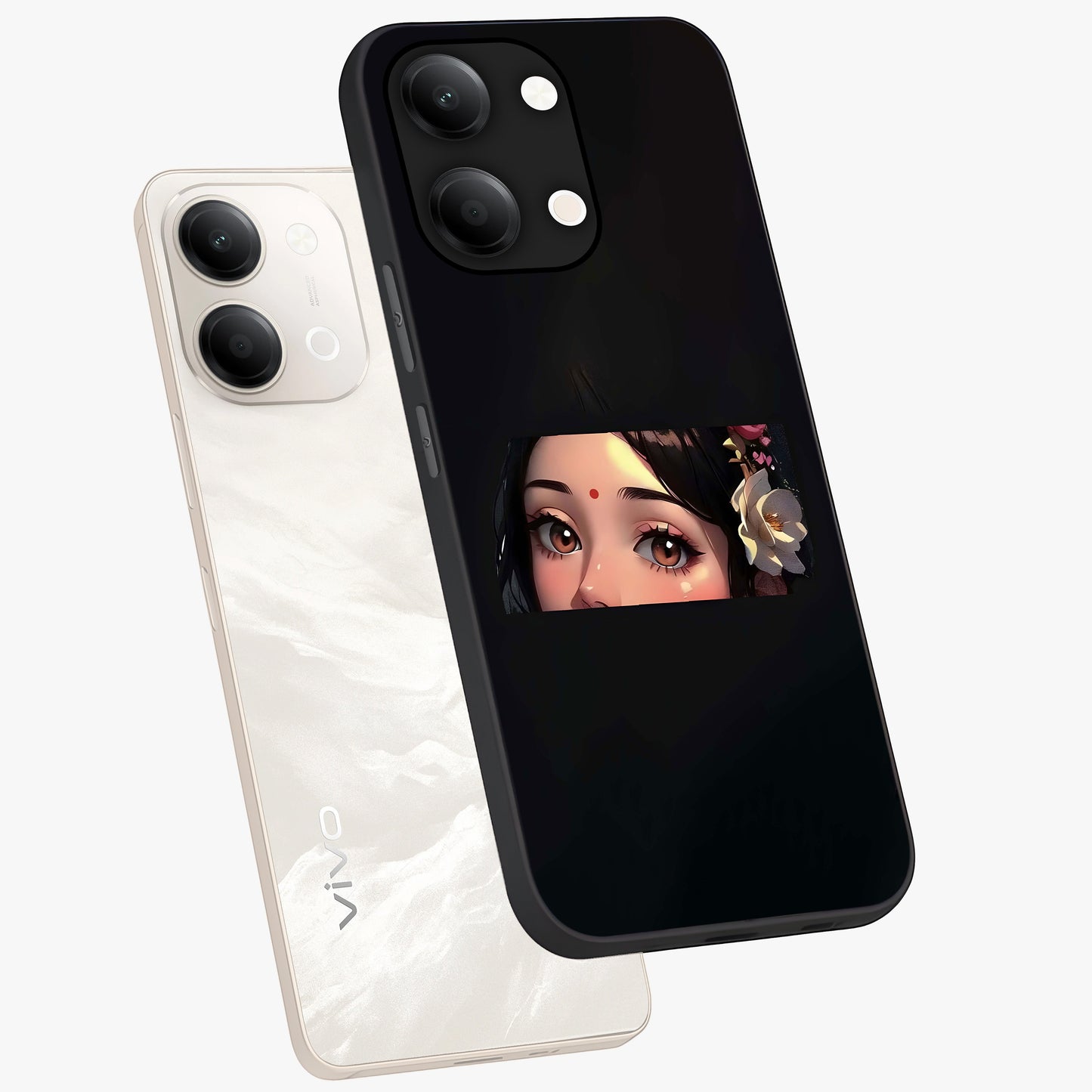 Radha Divine Embrace Glass Case displayed in angled mockup highlighting graceful spiritual illustration with divine aesthetic.
