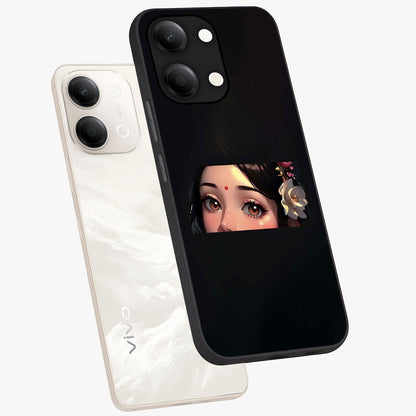 Radha Divine Embrace Glass Case displayed in angled mockup highlighting graceful spiritual illustration with divine aesthetic.