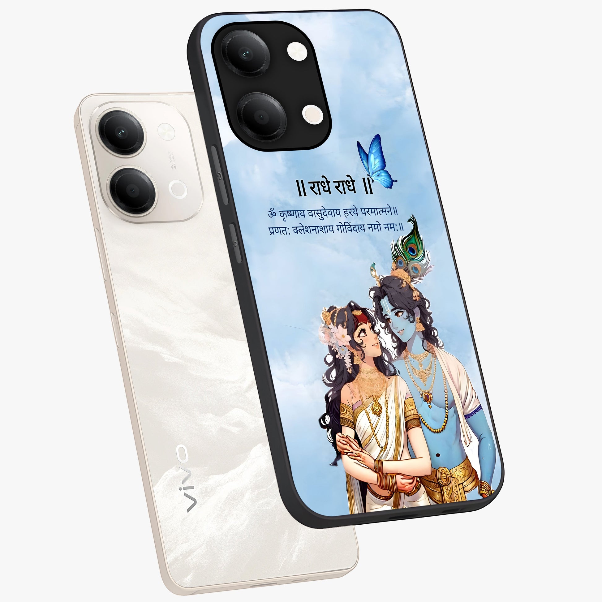 Radha Krishna Eternal Glass Case displayed in angled mockup highlighting divine Radha Krishna illustration with spiritual aesthetic.