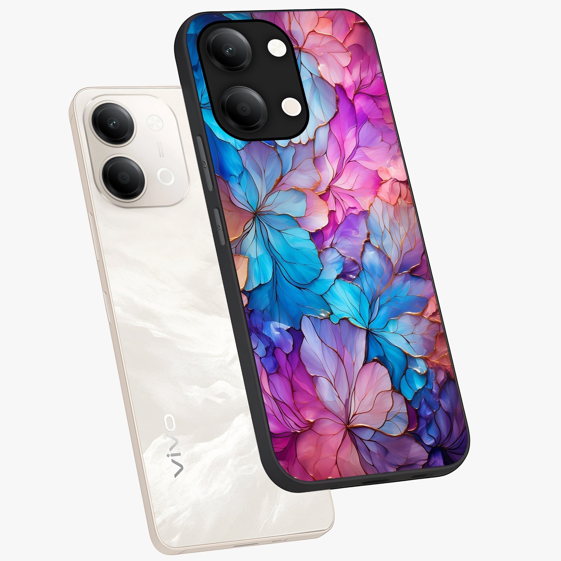 Radiant Floral Whirl Glass Case displayed in angled mockup highlighting vibrant flower pattern with dynamic artistic aesthetic.