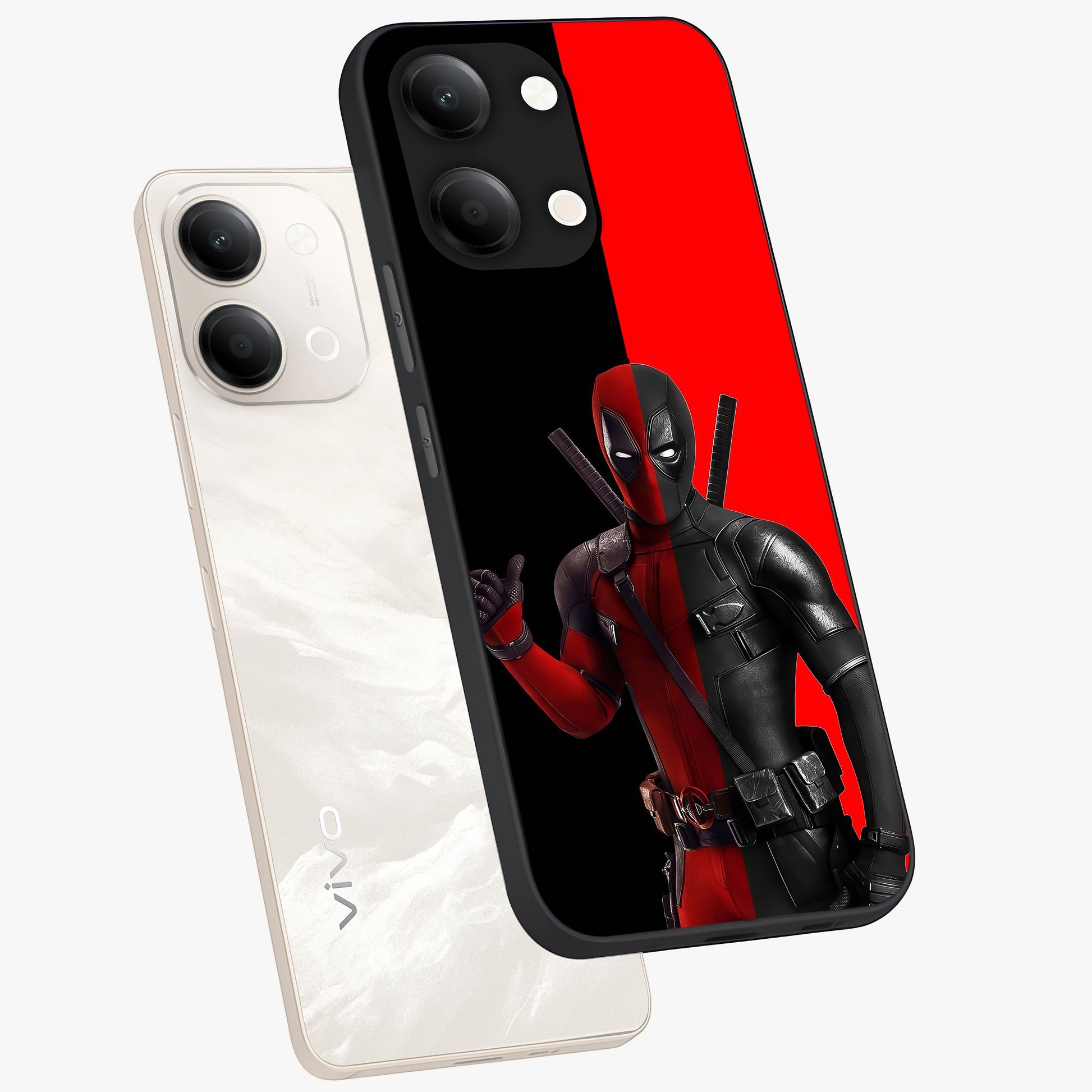 Red & Black Deadpool Theme Glass Case displayed in angled mockup highlighting vibrant superhero style illustration with action aesthetic.