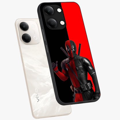 Red & Black Deadpool Theme Glass Case displayed in angled mockup highlighting vibrant superhero style illustration with action aesthetic.