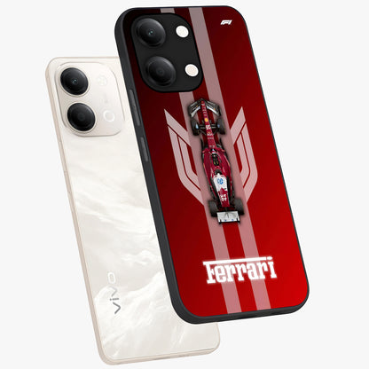 Red Ferrari F1 Vertical Glass Case displayed in angled mockup highlighting high speed racing design with bold automotive aesthetic.