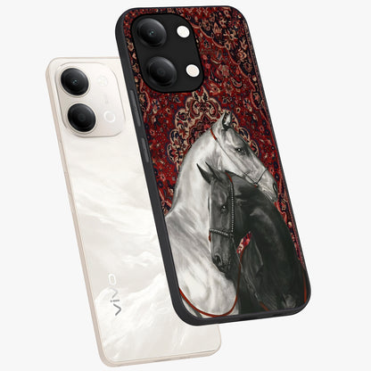 Regal Stallion Tapestry Glass Case displayed in angled mockup highlighting royal stallion design with decorative heritage aesthetic.