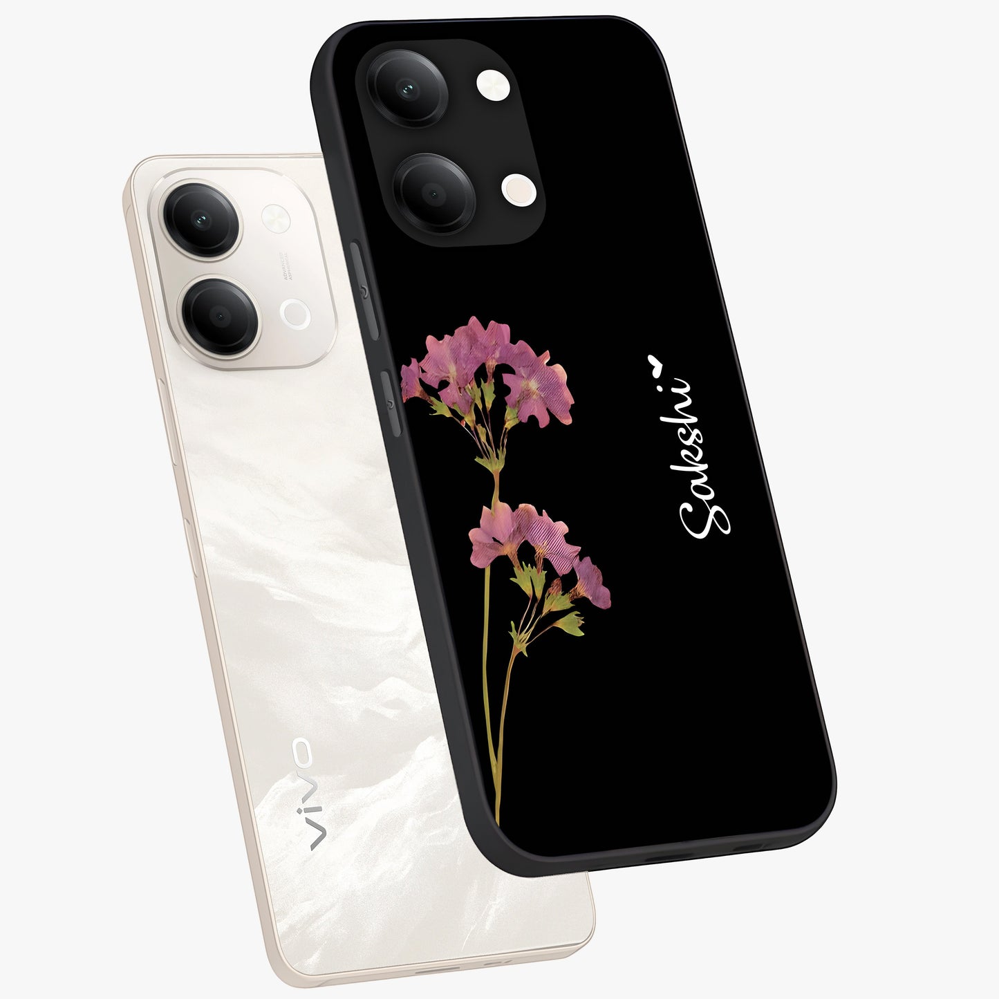 Riching Lavender Flower Custom Name Glass Case displayed in angled mockup highlighting delicate lavender flower design with custom name feature.