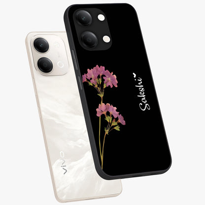 Riching Lavender Flower Custom Name Glass Case displayed in angled mockup highlighting delicate lavender flower design with custom name feature.