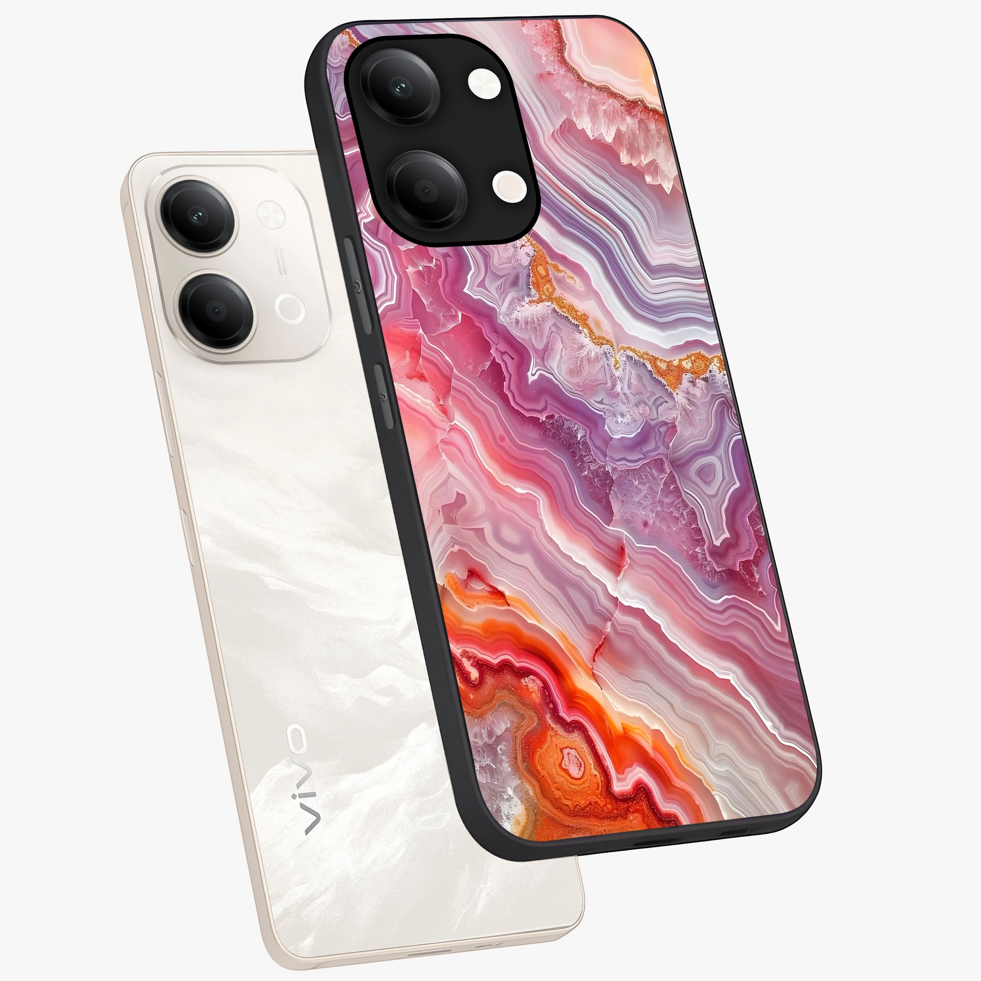 Rose Quartz Marble Glass Case displayed in angled mockup highlighting elegant marble pattern with soft aesthetic style.