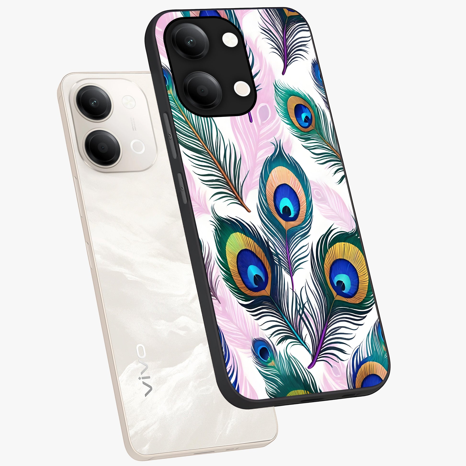 Royal Peacock Feathers Glass Case displayed in angled mockup highlighting vibrant feather pattern with regal aesthetic style.