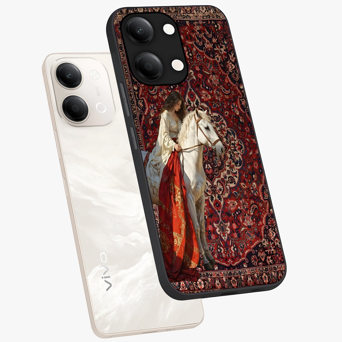 Royal Rider Tapestry Glass Case displayed in angled mockup highlighting traditional tapestry design with royal heritage aesthetic.