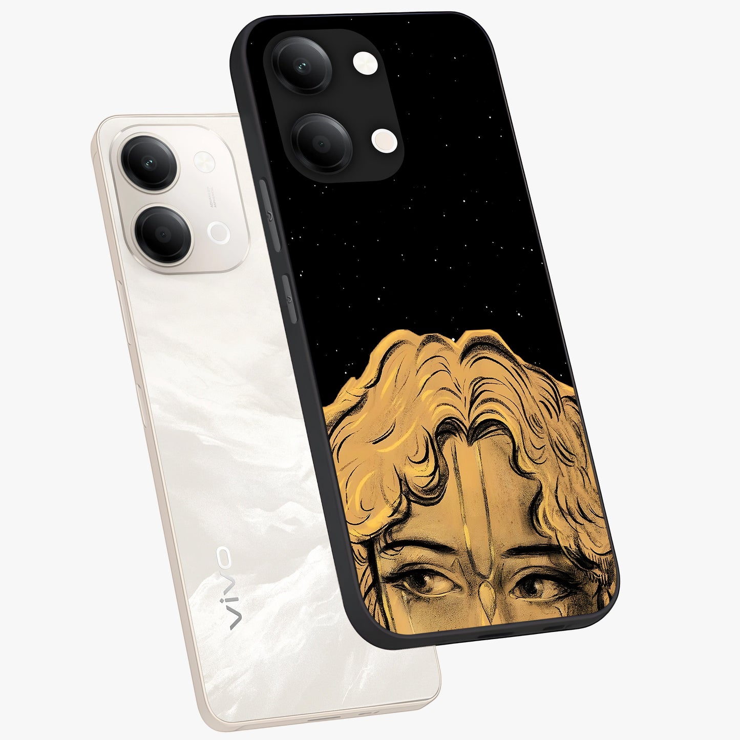 Shri Krishna Art Glass Case displayed in angled mockup highlighting spiritual Krishna illustration with divine aesthetic.