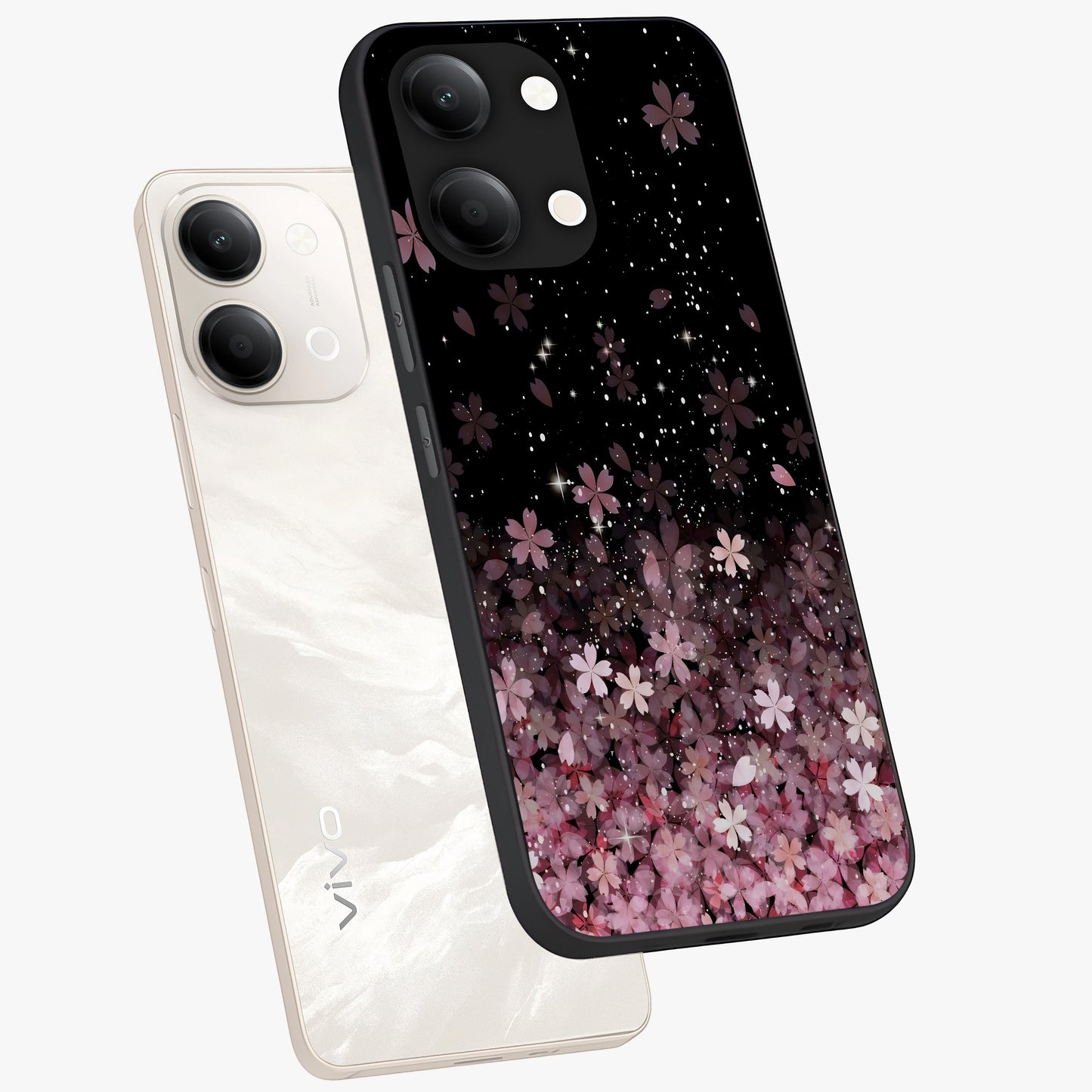 Small Starry Flowers Glass Case displayed in angled mockup highlighting tiny flower pattern with celestial aesthetic style.