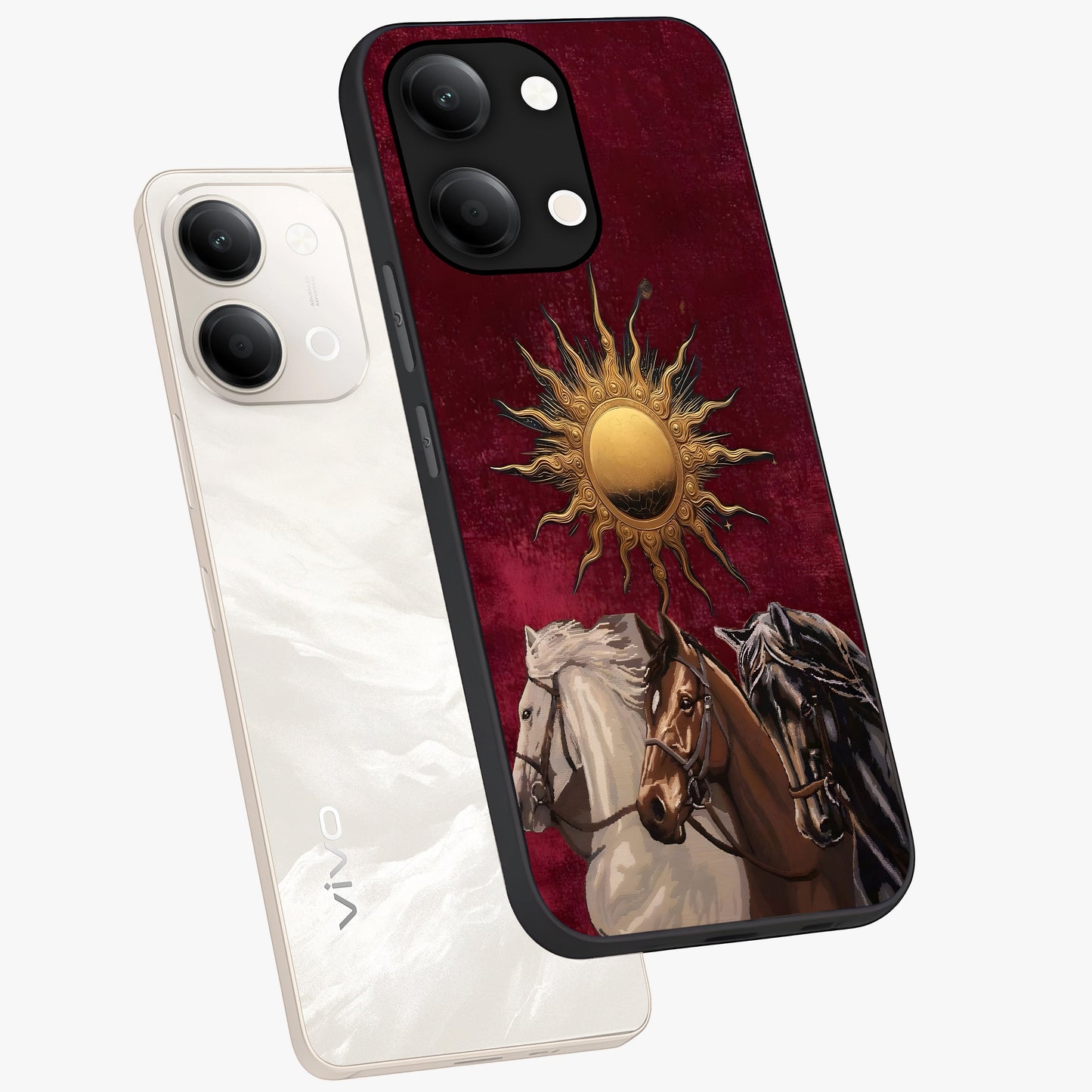 Solar Riders Glass Case displayed in angled mockup highlighting powerful rider illustration with radiant solar aesthetic.