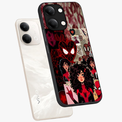 Spider Love Story Glass Case displayed in angled mockup highlighting expressive comic inspired design with playful aesthetic.
