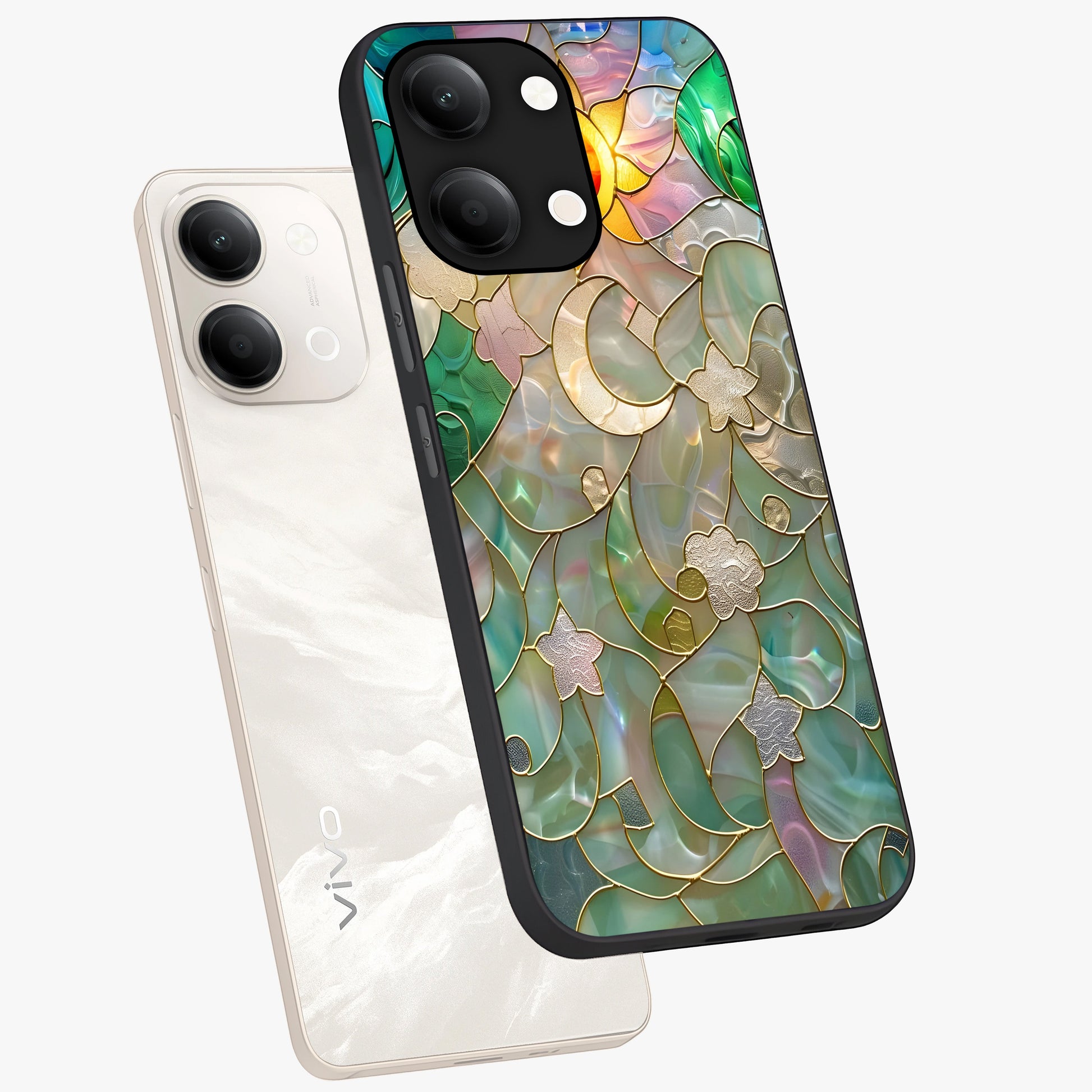 Stained Sunrise Glow Glass Case displayed in angled mockup highlighting radiant sunrise design with artistic aesthetic style.