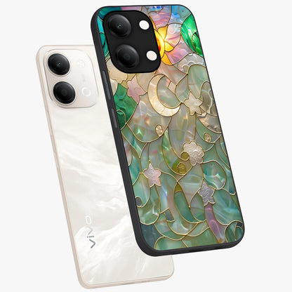 Stained Sunrise Glow Glass Case displayed in angled mockup highlighting radiant sunrise design with artistic aesthetic style.