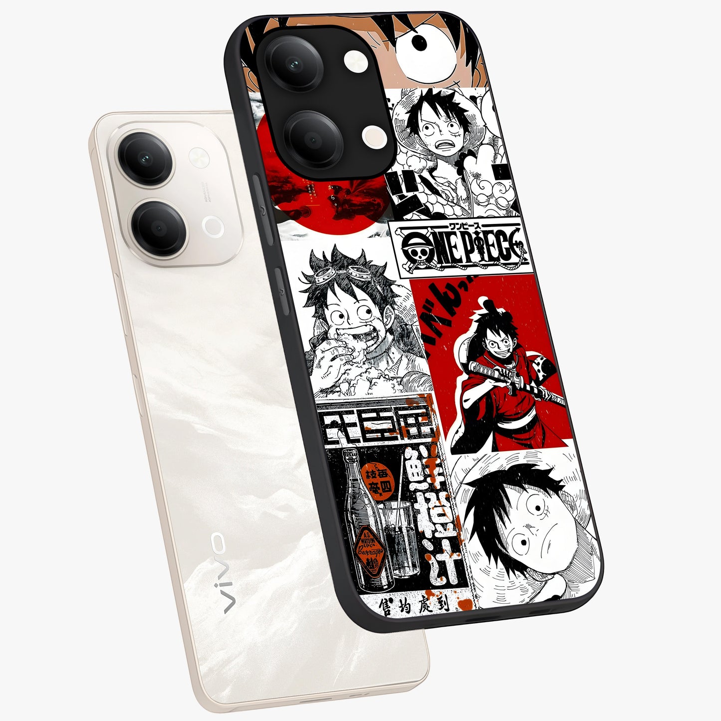 Strawhat Chaos Panels Glass Case displayed in angled mockup highlighting vibrant anime collage design with action aesthetic.