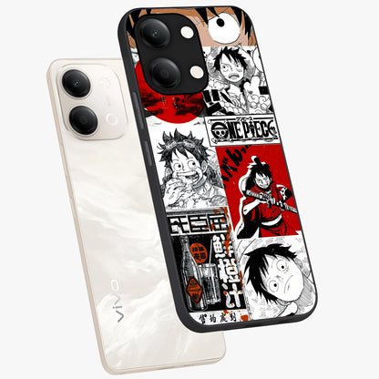 Strawhat Chaos Panels Glass Case displayed in angled mockup highlighting vibrant anime collage design with action aesthetic.