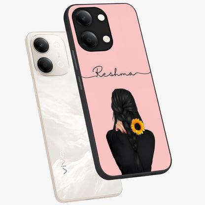 Sunflower Braid Beauty With Custom Name Glass Case displayed in angled mockup highlighting elegant sunflower design with custom name feature.