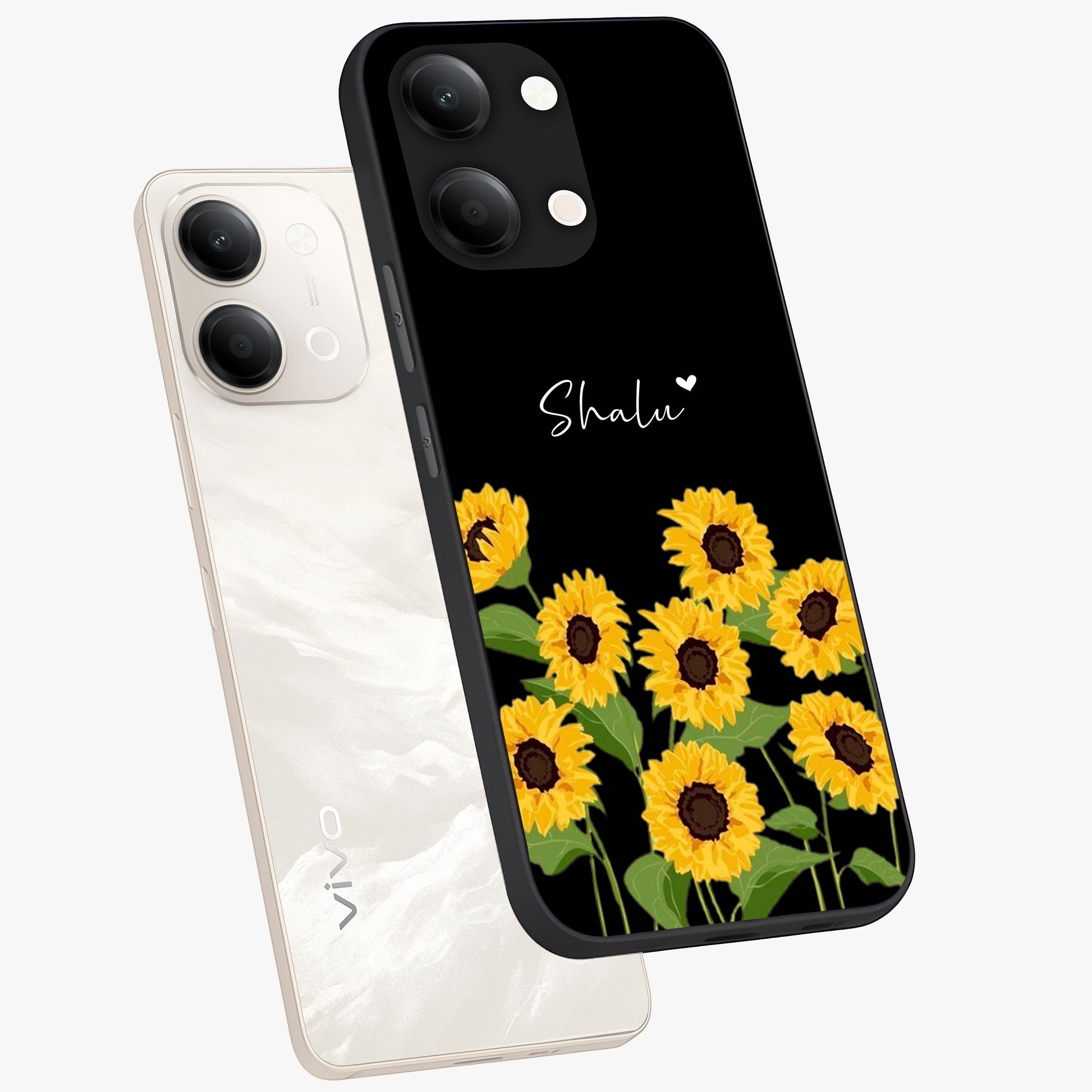 Sunflower Chic Mood Custom Name Glass Case displayed in angled mockup highlighting vibrant sunflower design with custom name feature.