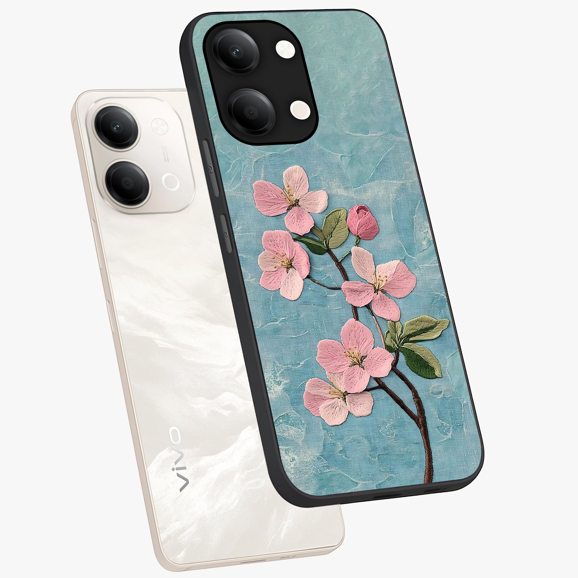 Threaded Blossom Breeze Glass Case displayed in angled mockup highlighting elegant floral design with soft aesthetic style.