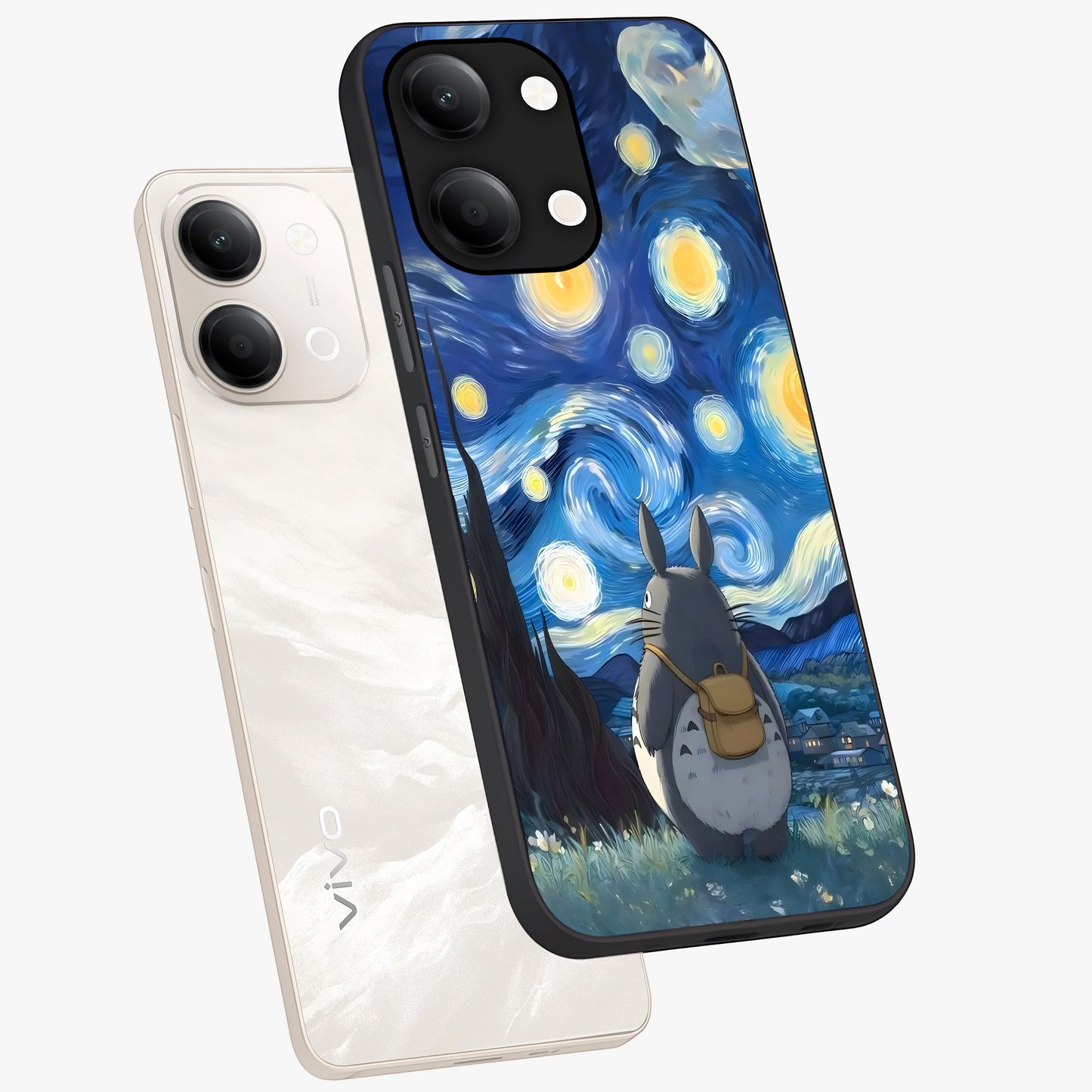 Totoro In Van Gogh Art Glass Case displayed in angled mockup highlighting artistic swirling sky design with playful animation aesthetic.