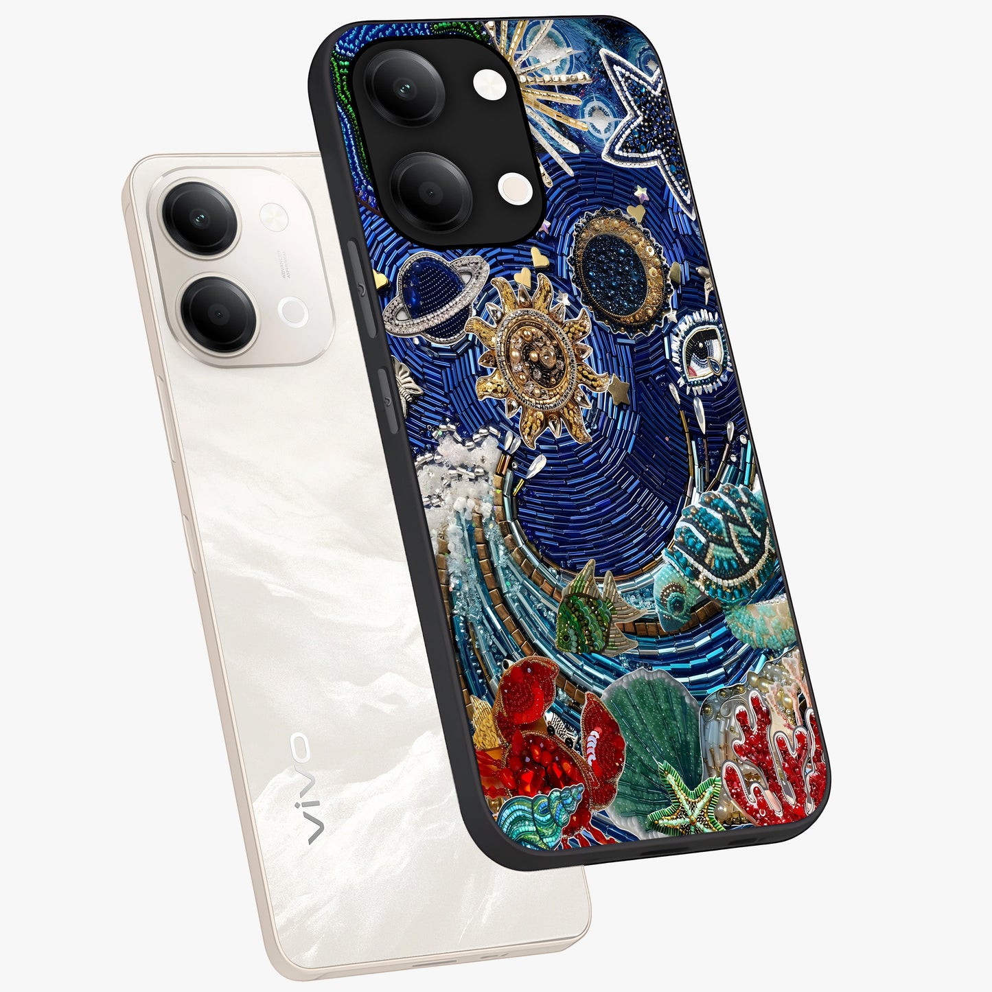 Universe Underwater Spark Glass Case displayed in angled mockup highlighting glowing aquatic design with celestial aesthetic.