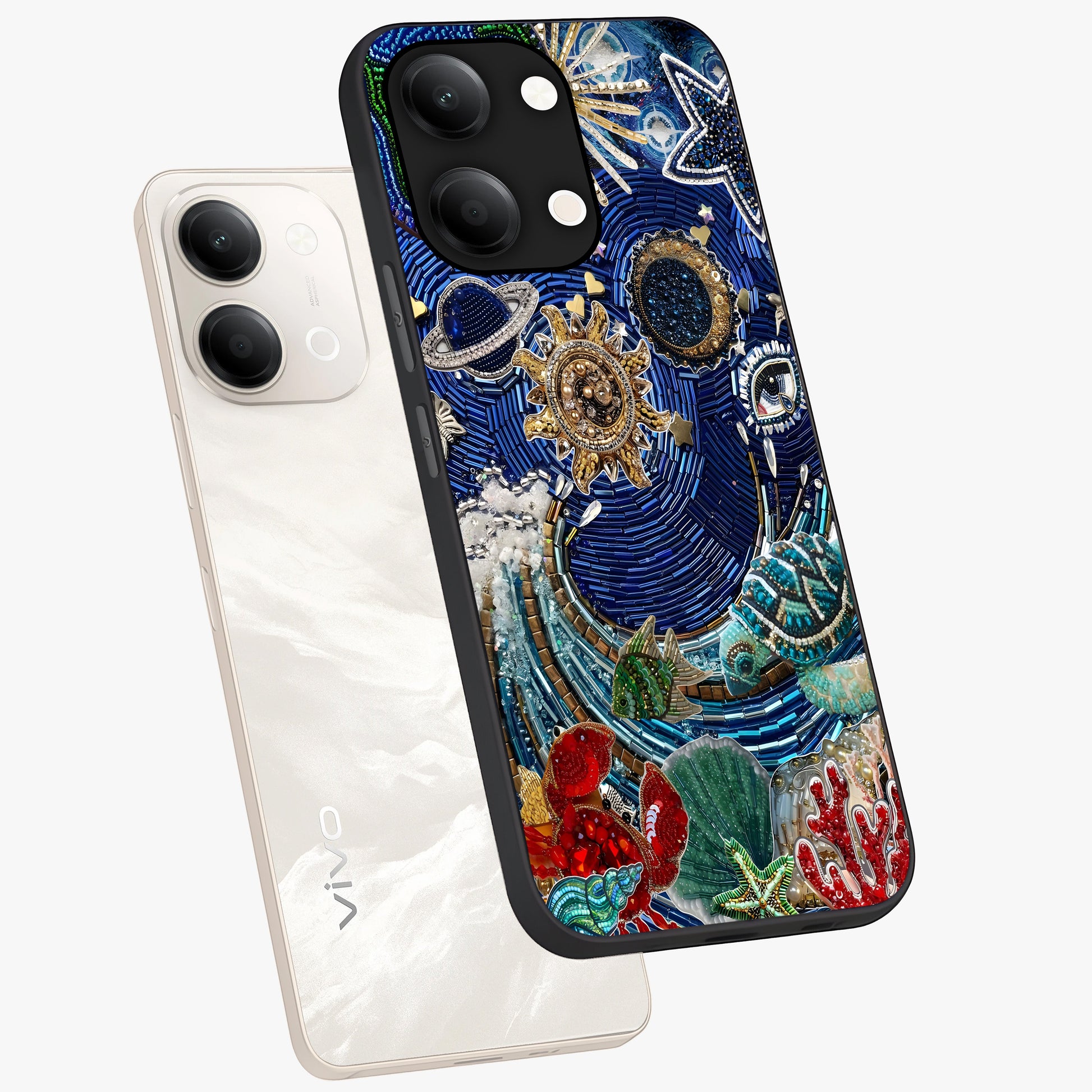 Universe Underwater Spark Glass Case displayed in angled mockup highlighting glowing aquatic design with celestial aesthetic.